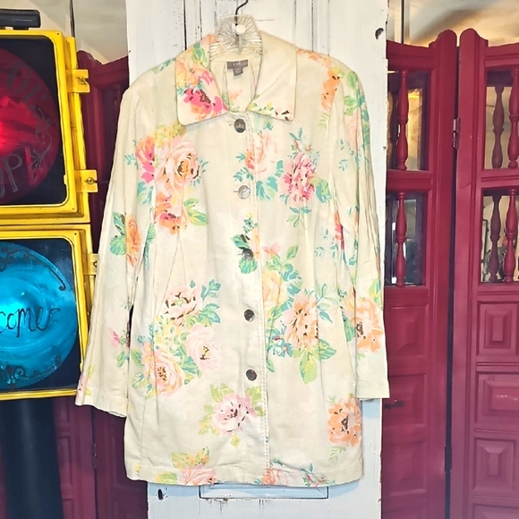 J. Jill Womens Linen/Cotton Off White Pastels Floral Smock Jacket Small Petite - Picture 1 of 8